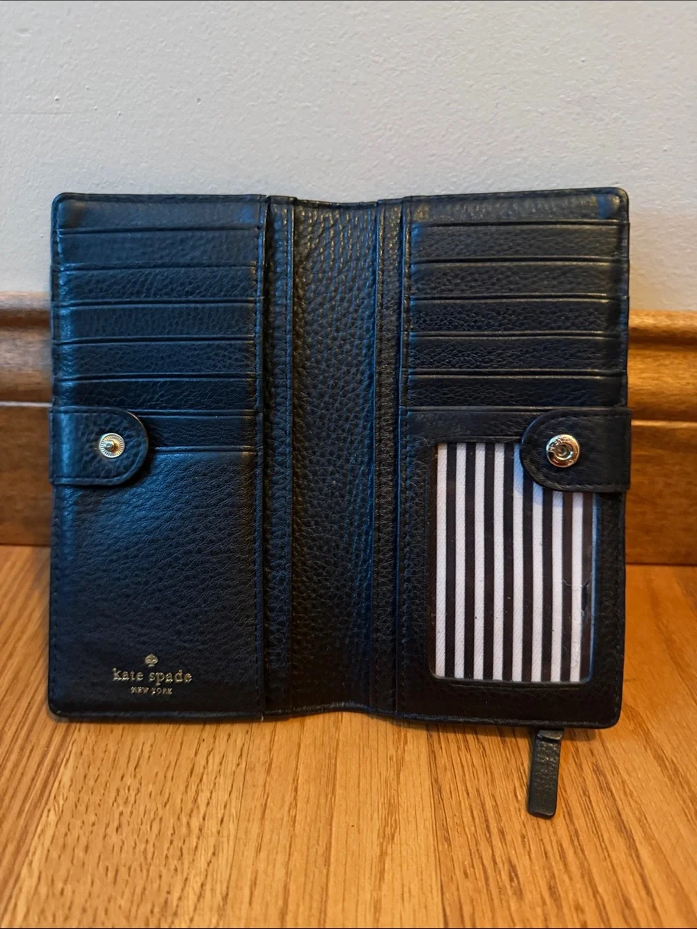 Kate Spade Black Leather Wallet Snap Closure Back Zipper Coin Pocket